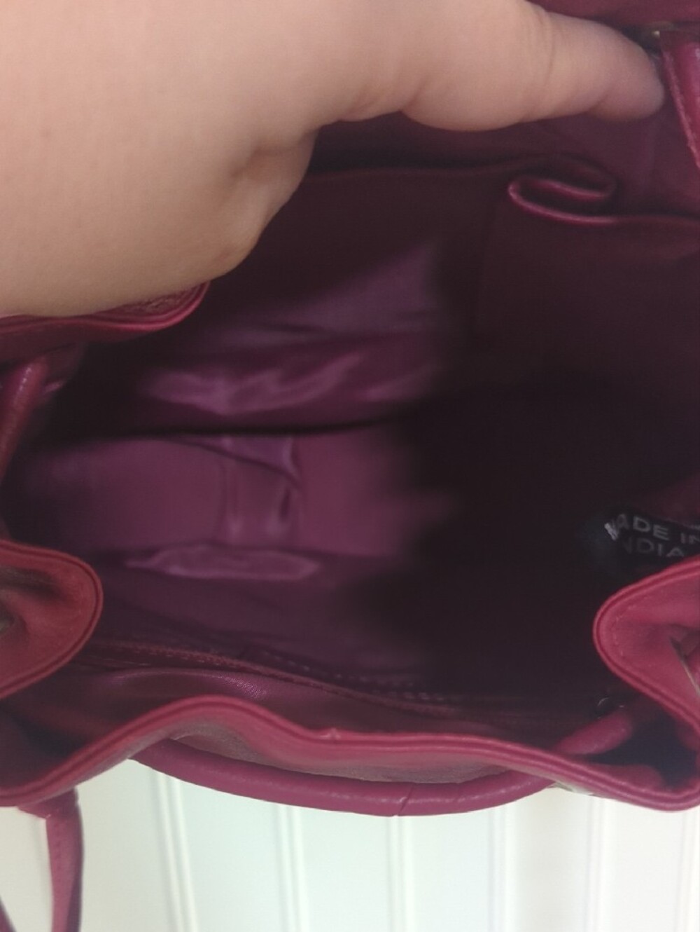 Genuine Leather Raspberry Drawstring Bucket Bag - Picture 6 of 11